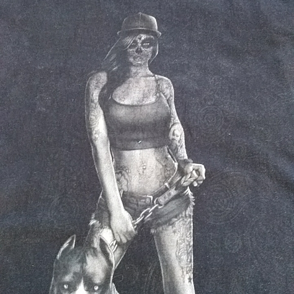 Sugar Skull Tattoo Woman with Pit Bull Short Sleeve T-Shirt Small Unisex - Picture 8 of 13